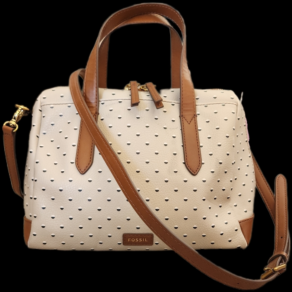 Fossil Hailey Crossbody Polka Dot Top Handle Satchel Bag Neutral Classy
